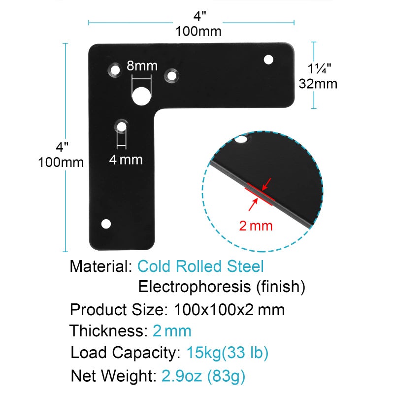 GBGS 10 Pcs Black Flat Corner Brace 4""  4""  1"", L Shaped Corner Stealth Speed Brace Flat Fixing Mending Plates, Thickness 2 mm, Load 33lb,Screws not Included - Image 2